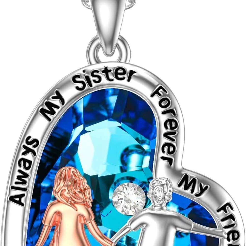 Sterling Silver Sister Brother Necklace Heart Crystal Gift Jewelry